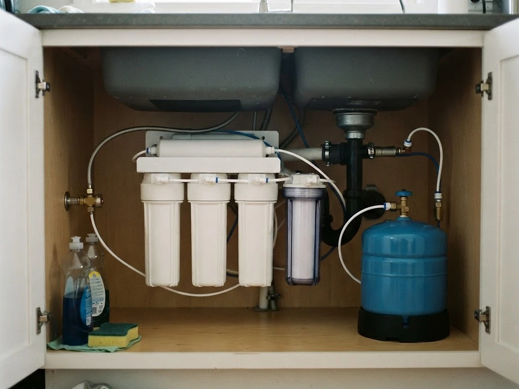 Under-sink reverse osmosis water filtration system with storage tank