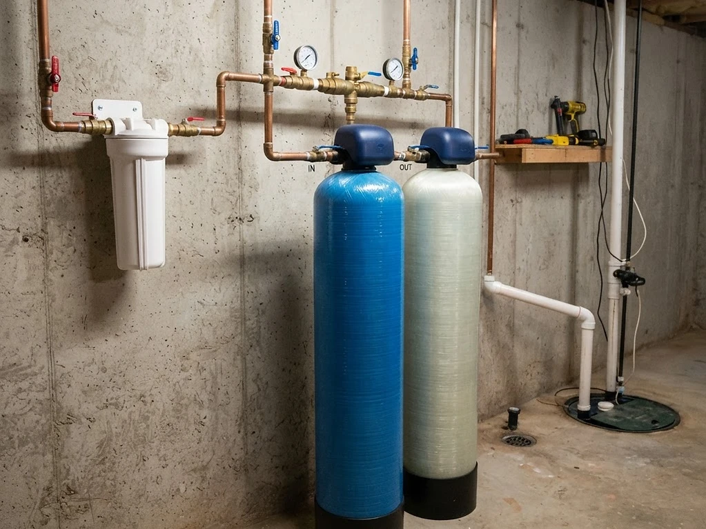 Whole home water filtration tanks installed in a basement