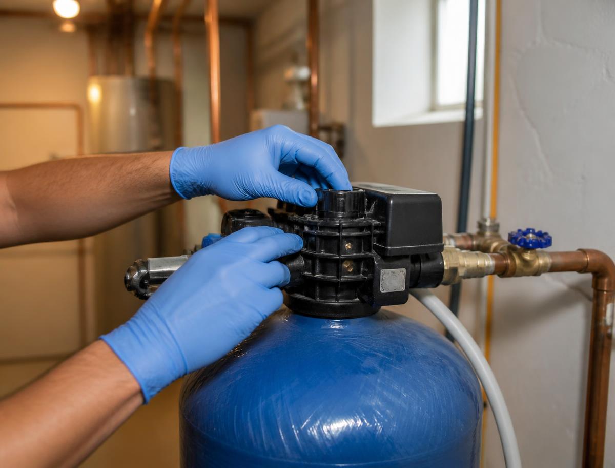 Technician servicing a whole home water filtration tank valve head